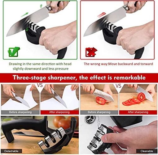 Picture of Manual Knife Sharpener 3 Stage Sharpening Tool for Ceramic Knife and Steel Knives Easy Manual Sharpening Handle Knife Sharpener Tool with Removable Head Grinder for Fine Grinding Coarse Knife Sharpening