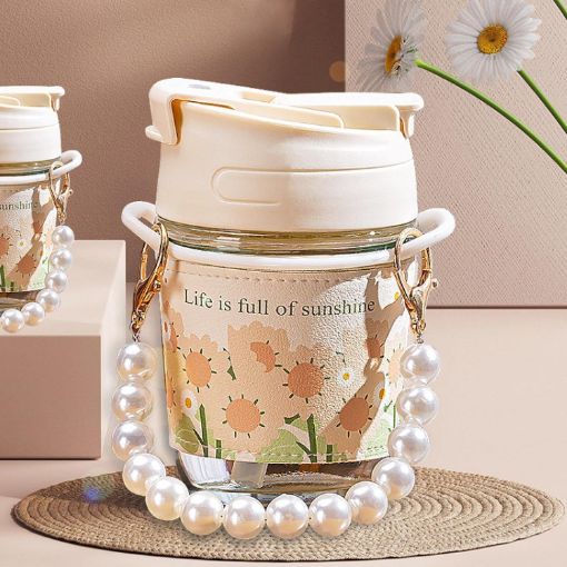Picture of White Pearl Glass Coffee Mug MOTI MUG TUMBLER COFFEE MUG Double Drink Straw and Lids