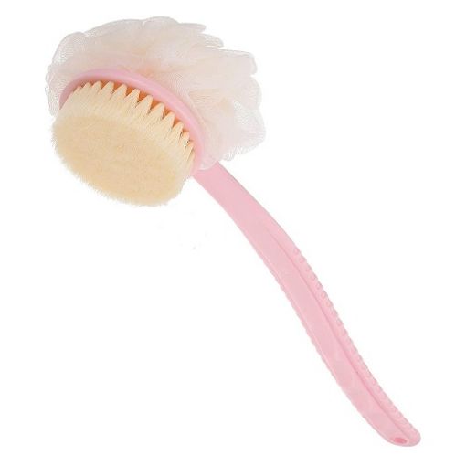 Picture of Bath Brush with 2-in-1 Bristles and Loofah Back Scrubber Bath Mesh Sponge with Curved Long Handle for Wet or Dry BATH BRUSH LUFA BATH LUFA