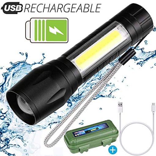 Picture of Metal Flashlight Torch with Built in Battery and USB Cable Black led emergency rechargeable onlite torch for Camping Hiking Cycling Backpacking Hunting Fishing Auto Emergencies and Home Repair family and outdoor activity etc