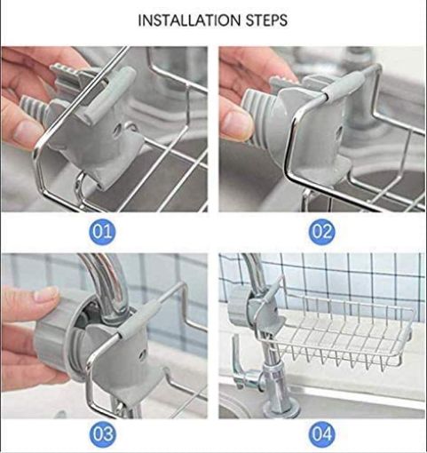 Picture of Faucet Rack Holder Stainless Steel Sink Caddy Organizer Kitchen Faucet Shelf Snap-on Faucet Rack Towel Holder for Soap mini shop Hanging Holder Dishcloth
