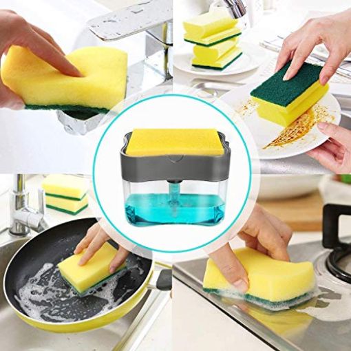 Picture of 2 in 1 Soap Pump Plastic Dispenser for Dishwasher Liquid Holder Random Colour - 385ml Free Sponge | 2 in 1 Sponge Caddy and soap Dispenser | Box with soap Dispenser 2 in 1 Sponge Rack