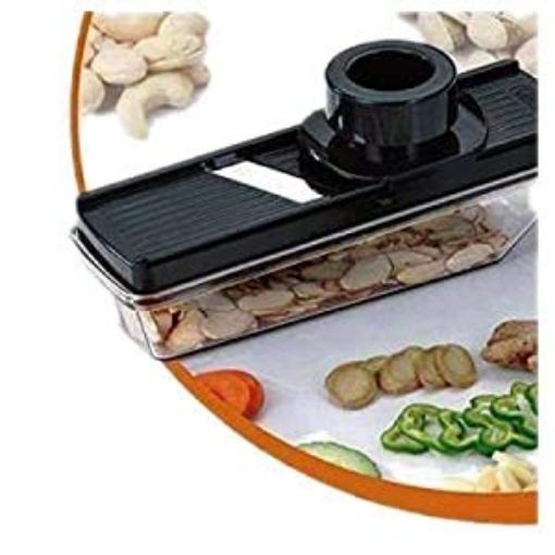 Picture of Fruit and Vegetable Compact Dry Plastic Cutter Slicer with Holder and Container grater and slicer chopper    Dry Fruit and Vegetable Slicer Cutter with Plastic Container and Adjustable Stainless Steel Blade for Kitchen