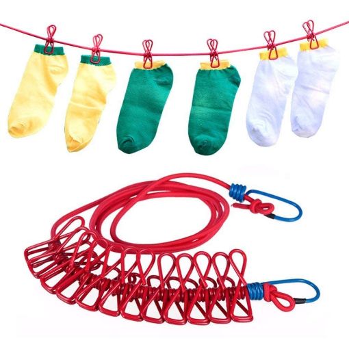 Picture of CLOTH Clothes Line Clips Utility Clothes Pegs Hanger Windproof Clothespin Travel Elastic Clothesline Laundry Line Camping Clothes Lines Adjustable Clothes Rope with 12pcs Clothespins