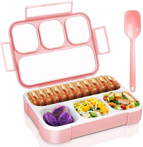 Picture of LUNCH BOX 4 Compartment Lunch Box with Spoon Reusable Food Containers Microwave Freezer Safe Food Containers with Spoon for Adults and Kids