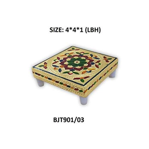 Picture of Handicraft Wood Chowki for Pooja   Wooden Bajot for Sitting   Multipurpose Stool  Eyelet Handicraft Wood Chowki for Pooja