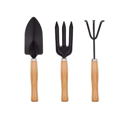 Picture of Gardening Tools kit Hand Cultivator, Small Trowel, Garden Fork  Garden Tool Wooden Handle