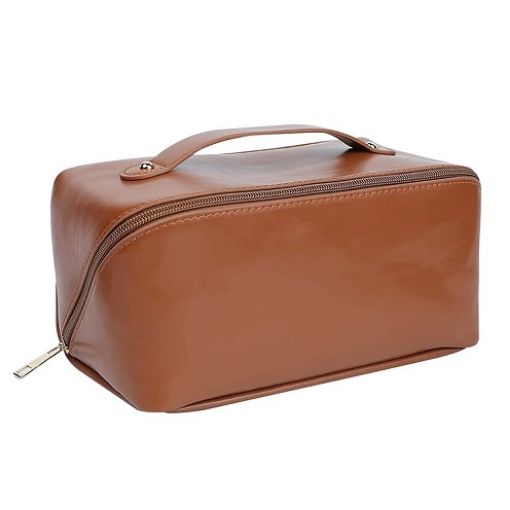 Picture of Cosmetic Travel Bag Makeup Storage Bags with Handle and Divider Leather Makeup Pouch LEATHER COSMATIC BAG