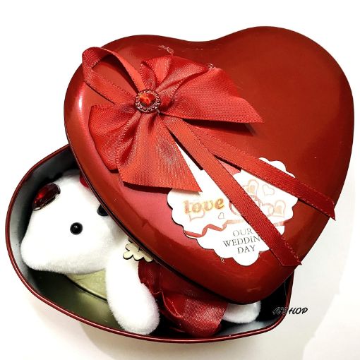 Picture of Heart Shaped Tin Box with Teddy Bear and Fabric Roses Valentine's Special Cute Big Heart Shaped box