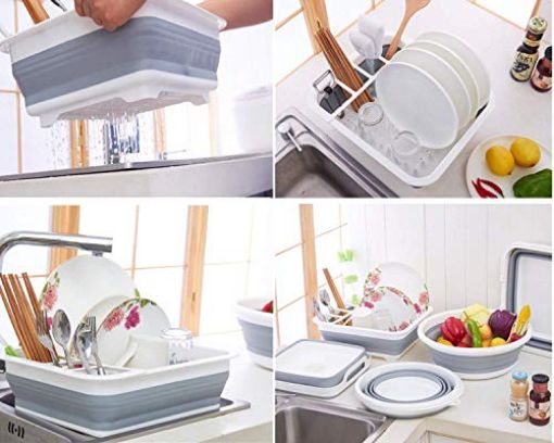 Picture of Vegetable Fruit Wash and Drain Sink Storage Basket Space Saving for Kitchen Home & Multifunction Foldable Dish Tub Collapsible Cutting Board Dish Tub