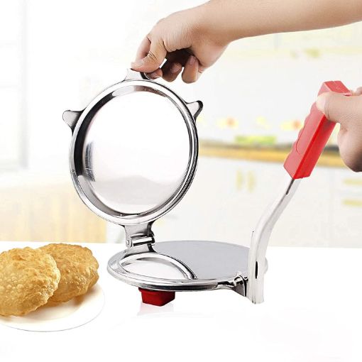 Picture of YELLOW PURI PRESS  Stainless Steel Puri Maker Press Machine Roti Chapati Presser  Papad/Khakhra/Poori Manual Hand Press Iron