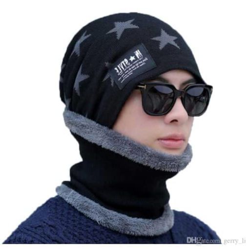 Picture of Winter Star Print Fur Beanie Caps  Beanie Hat Bib Set Knit Hats Warm Thicken Winter Hat