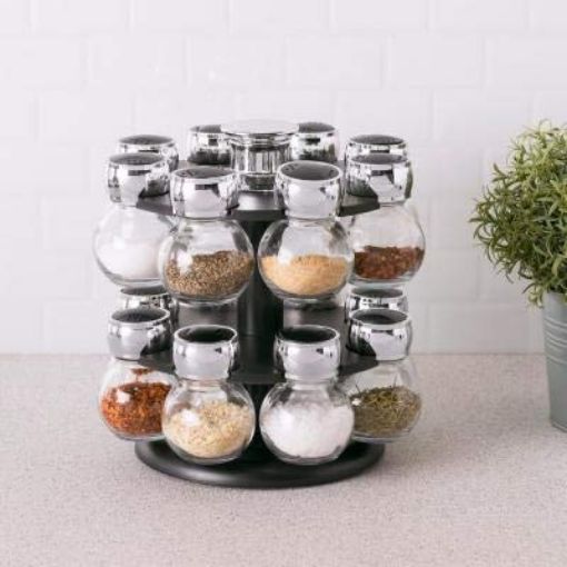 Picture of 360 Degree Revolving Round Shape Transparent Pack of 16 Jar Spice Rack/Container (Black)