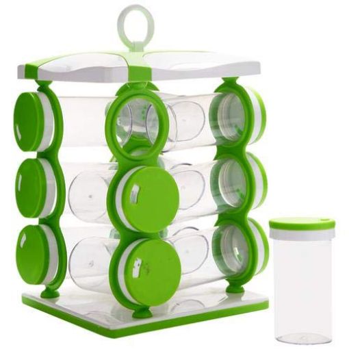 Picture of Multipurpose Plastic Rotating Spice Rack 12 in 1 Color  Masala Rack Set Spice Rack Condiment Masala Set with Revolving Stand  Transparent Jars