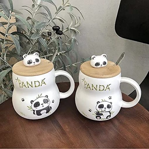 Picture of Ceramic Panda Printed Mug with Wooden Lid and Spoon Panda Mug