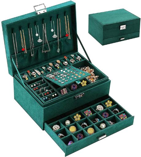 Picture of Jewellry Organizer Box DOUBLE LAYER JEWELLRY ORGANIZER BOX Double Layer Velvet Jewellry Organizer Box New Green 3-Layer Flannel Jewelry Organizer Box Necklaces Earrings Rings Display Holder Case