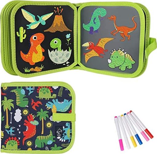 Picture of Reusable Drawing Book Board, Easily Erasable Book, 10 Sheets Double-Side Drawing Pages, Coloring Book with Water Chalk Kid Painting Blackboard Erasable Doodle Books with 6 Watercolor Pens, Writing Boards