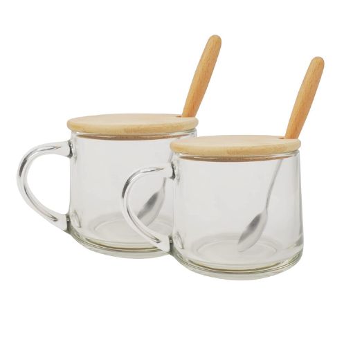 Picture of Glass Soup Mug with Wooden Lid and Spoon Cup Warmer  GLASS MUG HANDLE GLASS MUG WOODEN LID WOODEN SPOON