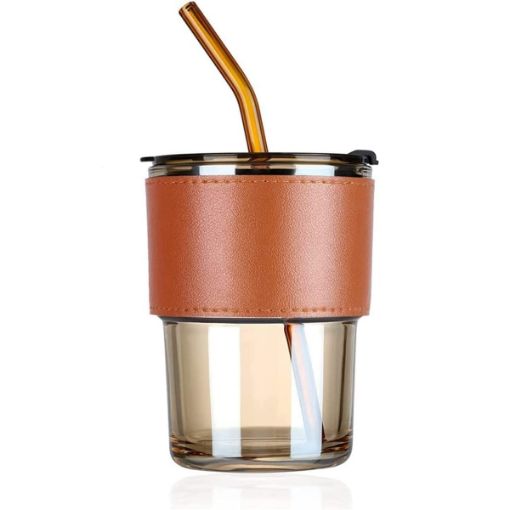 Picture of Glass Tumbler with Silicone Straw and Lid 400 ml Glass Reusable Coffee Mug with Heat Resistant Leather Band Glass Tumbler with Straw and Leakproof Lid Drinking Cup for Coffee, Tea, Milk Hot & Cold Beverages 435ml
