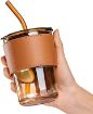 Picture of Glass Tumbler with Silicone Straw and Lid 400 ml Glass Reusable Coffee Mug with Heat Resistant Leather Band Glass Tumbler with Straw and Leakproof Lid Drinking Cup for Coffee, Tea, Milk Hot & Cold Beverages 435ml