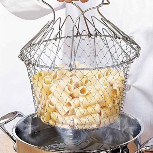 Picture of Stainless Steel Foldable Cooking Basket Magic Basket Mesh Basket Strainer Net Kitchen Cooking Tool for Frying, Steaming, Straining, Rinsing