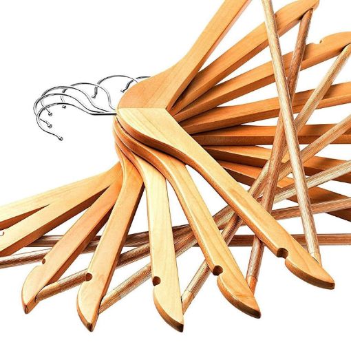 Picture of Wood Natural Finish Garment Hangers with Non-Slip Bar and Precisely Cut Notches