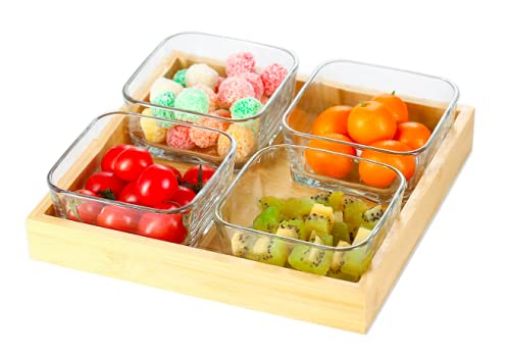 Picture of Glass Square Serving Plate Bowl Stand with Bamboo Base Tray for Dessert Snack Fruit Dried Fruit