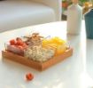 Picture of Glass Square Serving Plate Bowl Stand with Bamboo Base Tray for Dessert Snack Fruit Dried Fruit