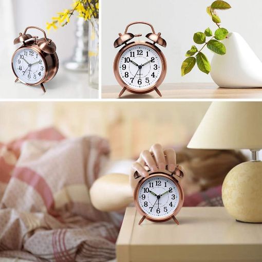 Picture of Vintage Twin Bell Copper Table Alarm Clock with Night LED Light for Student for Kids Bedroom copper alarm clock