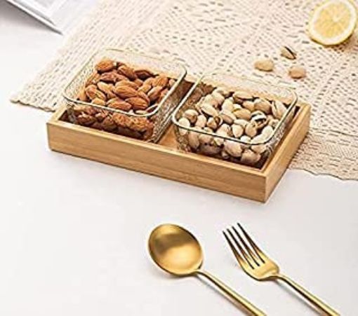 Picture of Dry Fruit Bowl with Wooden Lid Mouth Freshener Plate for Home Restaurant Dessert Serving Bowl Mukhwas Plate Set Fancy Candy Bowl Dry Fruit Serving Tray - Set of 2