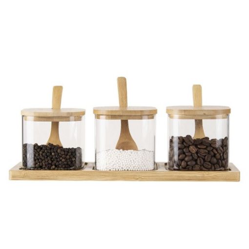 Picture of Set of 3 Glass Bowls with Bamboo Lids and Spoon on a Bamboo Tray Square CONTAINER 3 PCS SQUARE CONTAINER 3 PCS SQUARE JAR