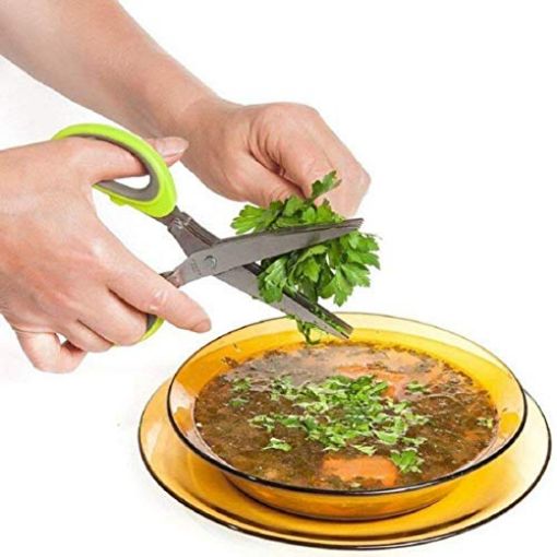 Picture of Multi-Functional Stainless Steel Kitchen Knives 5 Layers Scissors Cut Herb Spices Cooking Tools Vegetable Cutter with Cleaning Brush 5 blade kitchen scissorsStainless Steel 5 Blade Vegetable Leaf Scissor and Cutter