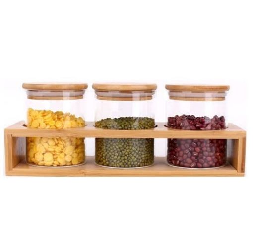 Picture of Glass Storage Jars Tray with Airtight Bamboo Lid Glass Jars with Wooden AirTight Lids & Shelf Kitchen Containers Set - 320 ml Glass Tea Coffee & Sugar Container