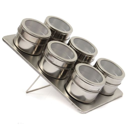 Picture of Stainless Steel Magnetic Spice Rack Spice Set (6 pcs)  Standard Magnetic Stainless Steel Cruet Condiment Spice Jars Set (Silver)
