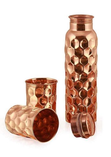 Picture of Pure Copper Water Bottle with Glass Tumbler Diamond Drinkware Ayurvedic Benefit Craft Pure Copper Bottle, 2 Copper Glass with Beautiful Gift Box, Diamond Cut Design, Set of 3 Pieces