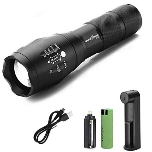 Picture of Rechargeable Torch Flashlight Long Distance Beam Range for Outdoor Industrial Security Purpose Metal Flashlight Torch Camping Hiking LED Waterproof Pocket Flashlight for Camping Hunting Hiking Rechargeable