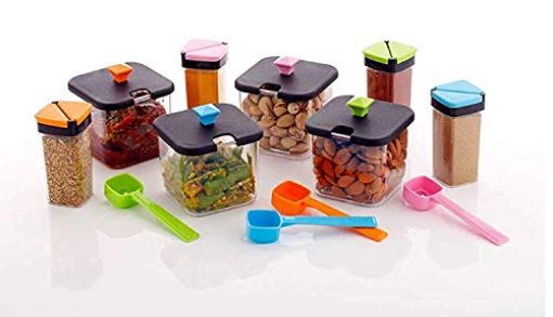 Picture of 4 Condiment Plastic Spice and Pickle Jar Rack Square Shape Container Set with 2 Plastic Spoon