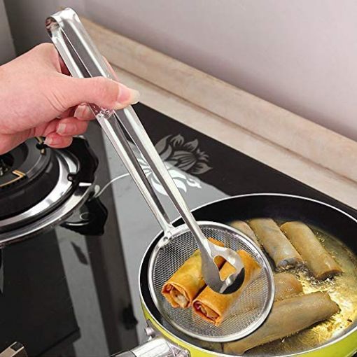 Picture of Multi-Functional 2 in 1 Fry Tool Filter Oil Frying BBQ Filter Stainless Steel Mesh Colander Serving Tong Pakkad Strainer Kitchen Tool