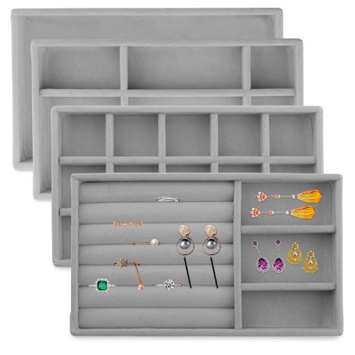 Picture of 4 Packs Velvet Jewelry Trays Velvet Jewellery Drawer Organiser Grey Storage Holder