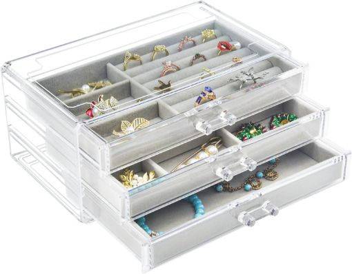 Picture of 3 Drawer Jewelry Organizer Box  Jewelry Storage for Earrings Rings Necklaces Bracelets