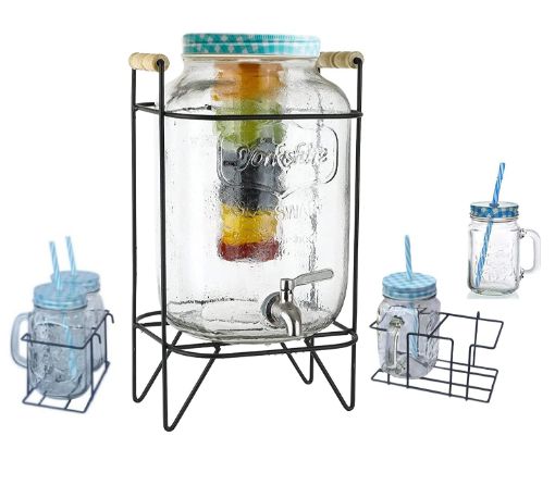 Picture of Beverage Dispenser Jar & Sipper Glass Set with Base Stand BEVERAGE DISPENSER JAR WITH STAND AND GLASS MUG MASSON JAR MASOON JAR MASAN JAR MESAN JAR GLASS JUG WITH MASSON GLASS MUG