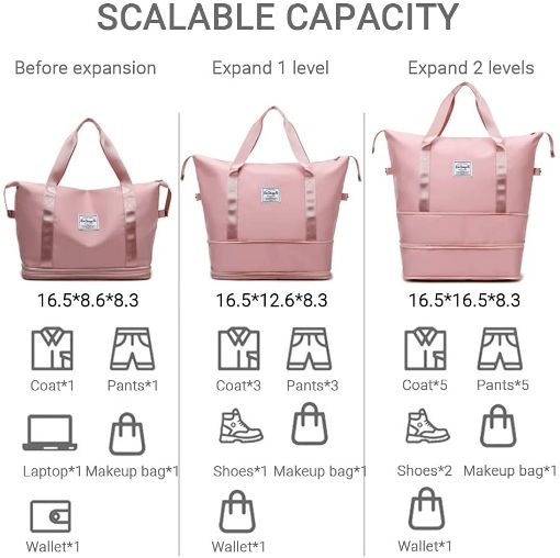 Picture of Women's Large Expandable Weekend Duffel Bag Pink Shoulder Travel Duffle Bags for Women