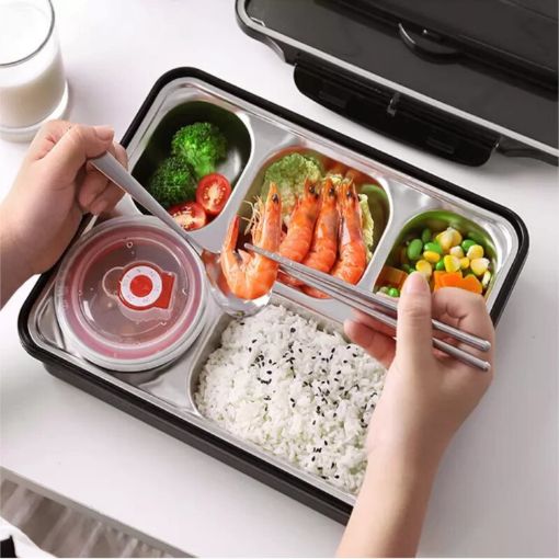 Picture of canto bento lumch box Lb-8877 LUNCH BOX 5 COMPARTMENT 5 PARTITION 5 SECTION Stainless Steel Lunch Box Leak Proof 5 Compartment Lunch Box Bento Box for Adults & Kids, Tiffin Box Reusable Microwave Freezer Safe Food Containers with Spoon
