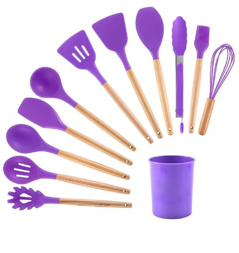 Picture of Silicone Cooking Utensil Kitchen Utensils Cooking Tools for Nonstick Cookware Heat Resistant, BPA Free Silicon Spatula Utensil Sets, with Wooden Handle