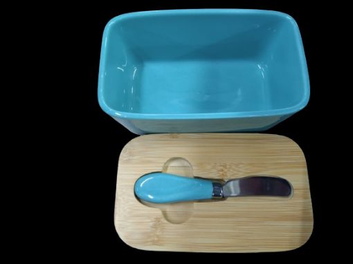 Picture of BUTTER BOX CERAMIC BUTTER BOX            Butter Dishes Ceramic A Large Porcelain Butter Keeper with Bamboo Lid and Steel Knife Butter Dish with Wooden Top Cover
