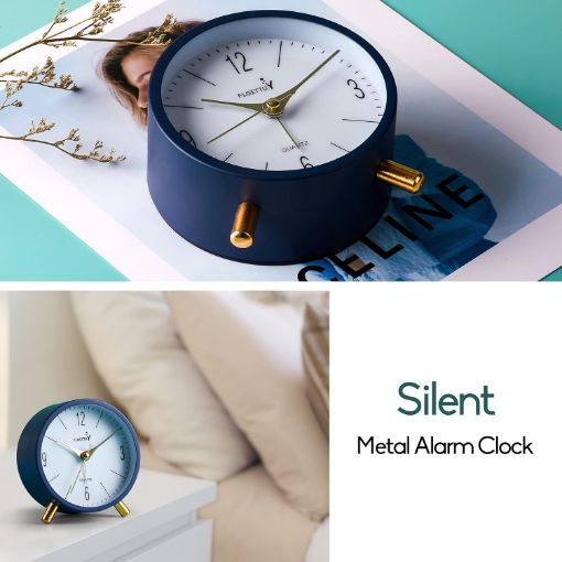 Picture of SILENT ANALOG DESK CLOCK MATT BLUE Round Silent Analog Desk Alarm Clock Non Ticking with Snooze Super Silent Alarm Clock