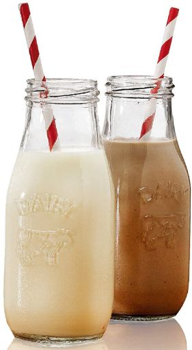 Picture of Glass Milk Bottles with Reusable Airtight Metal Twist Lids and Straw MILK GLASS
