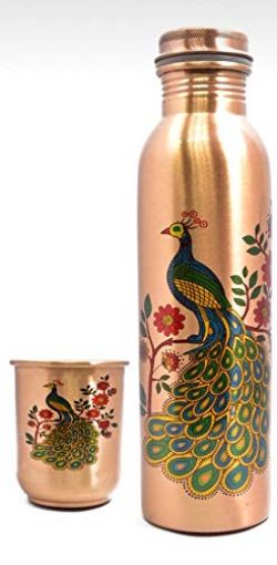 Picture of Peacock Printed Copper Water Bottles Copper Water Bottle 1000 ml Printed Copper Water Bottle  Copper Water Bottle with 2 Glasses Peacock Printed