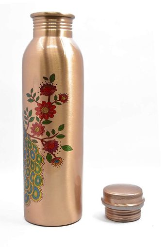 Picture of Peacock Printed Lacquer Coated Pure Copper Water Bottle Red Copper Peacock Printed Leak Proof Copper Water Bottle Copper printed copper water bottle