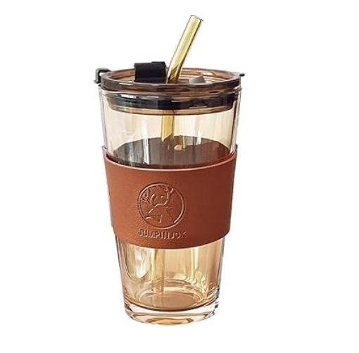 Picture of GLASS MUG WITH STRAW AND COVER 450 ML Glass Travel Sipper Tumbler Mug  Milk Mug